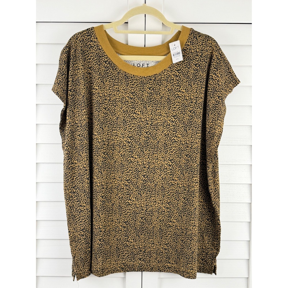 LOFT Short Sleeve Top XXL Brown Leopard Print Crew Neck NEW